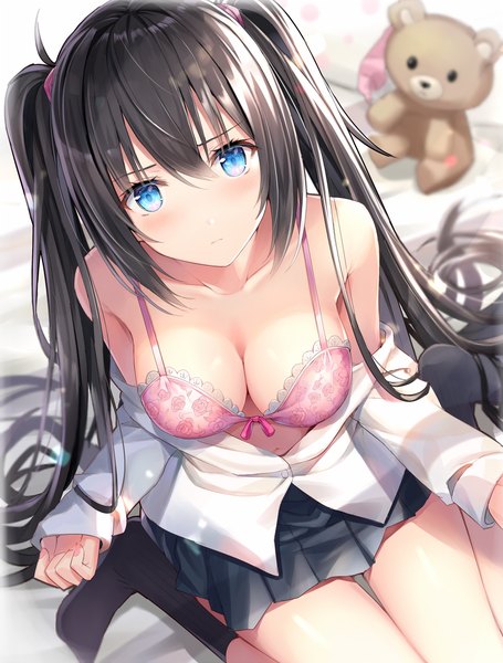 Anime picture 858x1130 with original rin yuu single long hair tall image looking at viewer blush fringe breasts blue eyes light erotic black hair hair between eyes sitting twintails bare shoulders payot cleavage indoors pleated skirt