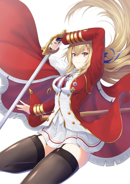 Anime picture 1555x2200 with azur lane king george v (azur lane) hajika single long hair tall image looking at viewer blush fringe breasts simple background blonde hair smile hair between eyes red eyes standing white background holding bent knee (knees) long sleeves