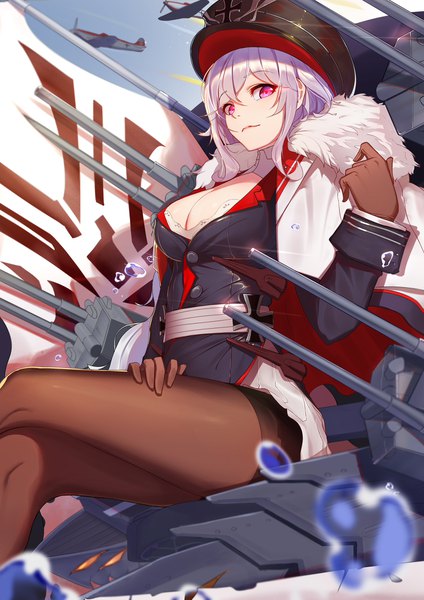 Anime-Bild 1488x2105 mit azur lane graf zeppelin (azur lane) langya beike single long hair tall image looking at viewer fringe breasts light erotic smile hair between eyes large breasts sitting cleavage silver hair long sleeves pleated skirt pink eyes blurry