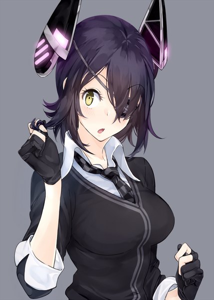 Anime picture 777x1087 with kantai collection tenryuu light cruiser amayu single tall image blush fringe short hair black hair simple background yellow eyes looking away upper body hair over one eye grey background adjusting hair girl gloves eyepatch partly fingerless gloves
