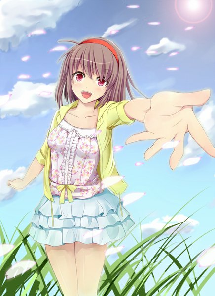 Anime picture 736x1013 with original kero (tomoki-tiger) single tall image looking at viewer blush short hair open mouth sky cloud (clouds) pink eyes grey hair girl dress plant (plants) petals hairband grass