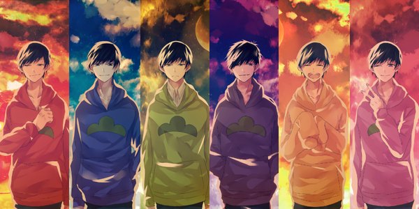 Anime picture 1024x512 with osomatsu-san matsuno osomatsu matsuno karamatsu matsuno ichimatsu matsuno choromatsu matsuno todomatsu matsuno juushimatsu selloum looking at viewer fringe short hair open mouth black hair smile wide image sky cloud (clouds) eyes closed long sleeves one eye closed