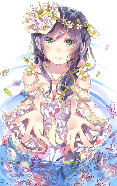 Anime-Bild 1100x1750 mit love live! school idol project sunrise (studio) love live! toujou nozomi takitou single long hair tall image looking at viewer blush fringe light erotic smile sitting green eyes payot purple hair braid (braids) parted lips hair flower