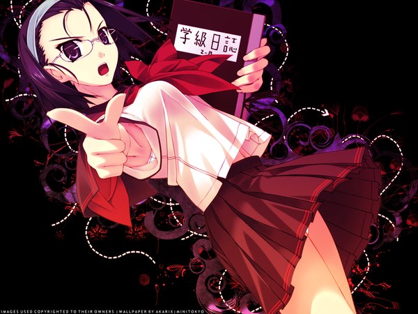 Anime picture 1600x1200 with original f-ism murakami suigun akarix single short hair open mouth light erotic purple eyes holding signed purple hair pleated skirt outstretched arm black background third-party edit girl skirt uniform miniskirt