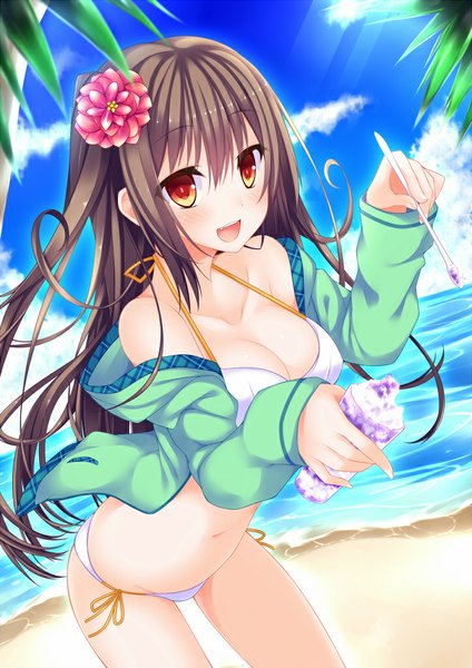 Anime picture 723x1024 with original moe2014 suterii single long hair tall image looking at viewer blush breasts open mouth light erotic black hair red eyes sky cloud (clouds) hair flower beach girl navel hair ornament