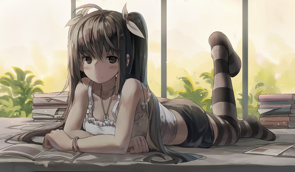 Anime picture 1400x817 with original huanxiang huifeng single long hair looking at viewer blush fringe black hair hair between eyes wide image twintails bare shoulders full body ahoge indoors lying black eyes arm support no shoes sleeveless