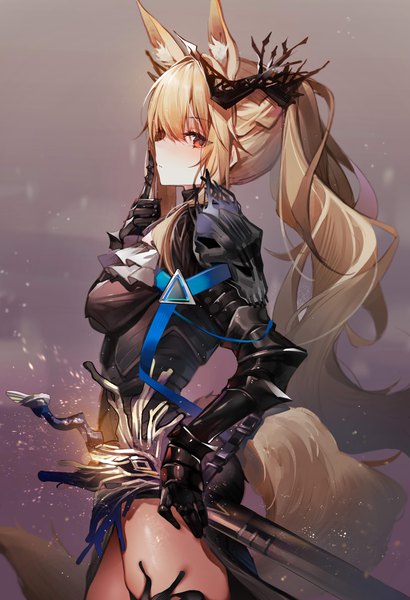 Anime picture 2240x3280 with arknights blemishine (arknights) blemishine (moon catastrborn) (arknights) shiro kanae single long hair tall image looking at viewer fringe highres breasts blonde hair hair between eyes standing animal ears payot ponytail tail animal tail profile