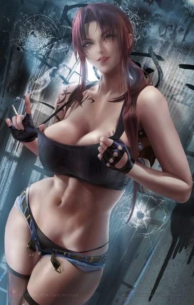 Anime picture 2293x3600 with black lagoon madhouse revy (black lagoon) sakimichan single long hair tall image looking at viewer fringe highres breasts light erotic smile large breasts standing holding brown eyes payot cleavage ponytail