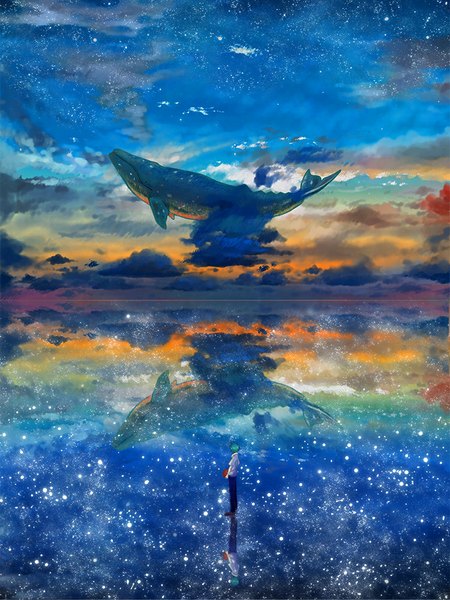 Anime picture 750x1000 with kuroko no basket production i.g kuroko tetsuya hoshi single tall image blue hair sky cloud (clouds) back reflection boy animal water ball jeans basketball ball whale