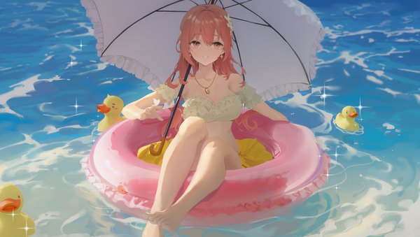 Anime picture 5414x3056 with original dingding (chongsangjun) single long hair looking at viewer fringe highres breasts light erotic smile hair between eyes wide image large breasts payot pink hair absurdres outdoors parted lips pink eyes barefoot