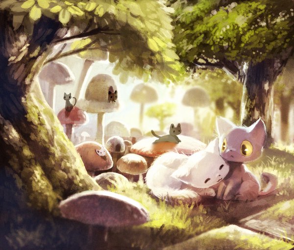 Anime picture 2000x1700 with original hidamarinomi highres sitting lying eyes closed sunlight plant (plants) animal tree (trees) cat grass forest mushroom (mushrooms)