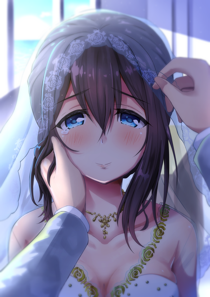 Anime picture 724x1023 with idolmaster idolmaster cinderella girls sagisawa fumika 0141zucker long hair tall image blush fringe breasts blue eyes hair between eyes brown hair cleavage light smile tears solo focus pov hand on another's face girl transparent clothing