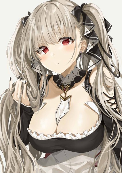 Anime picture 867x1227 with azur lane formidable (azur lane) kakao rantan single long hair tall image looking at viewer blush fringe breasts light erotic simple background red eyes large breasts white background twintails cleavage blunt bangs nail polish fingernails