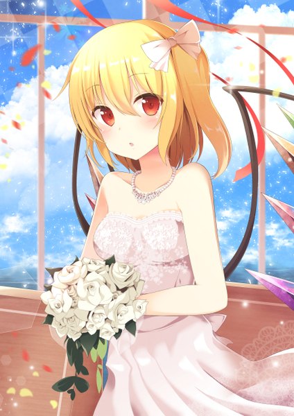 Anime picture 868x1228 with touhou flandre scarlet aibumi single tall image blush fringe short hair blonde hair hair between eyes red eyes bare shoulders looking away sky cloud (clouds) :o alternate costume one side up girl dress