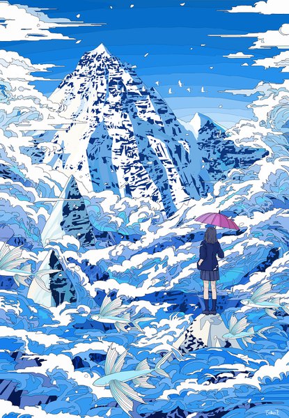 Anime picture 1000x1445 with original seraphitalg single tall image short hair black hair standing sky cloud (clouds) full body outdoors from behind mountain hand in pocket girl uniform school uniform animal bird (birds) umbrella