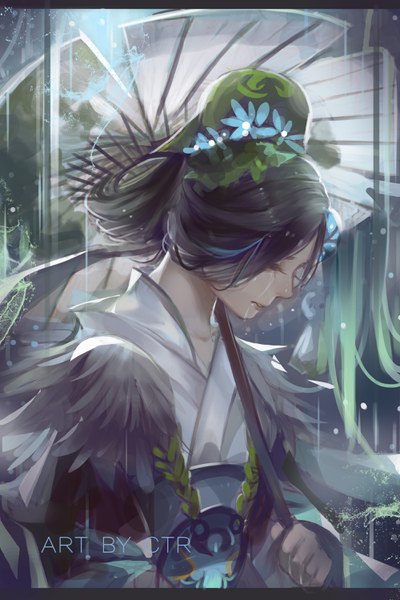 Anime picture 2000x3000 with onmyoji ame onna ctr changge single tall image fringe highres short hair black hair holding signed upper body eyes closed profile tears crying girl umbrella oriental umbrella