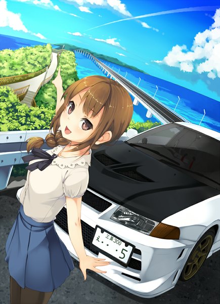 Anime picture 726x1000 with original unasaka ryou long hair tall image blush open mouth brown hair brown eyes sky cloud (clouds) pointing girl skirt plant (plants) shirt tree (trees) ground vehicle car