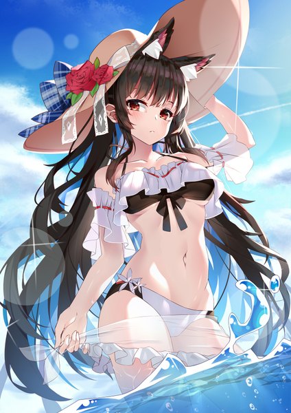 Anime-Bild 1358x1920 mit original yuxian youka single long hair tall image looking at viewer blush fringe breasts light erotic black hair hair between eyes red eyes standing bare shoulders holding animal ears payot sky cloud (clouds)