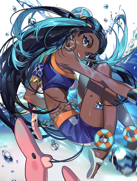 Anime picture 2500x3284 with pokemon pokemon swsh nintendo nessa (pokemon) luvdisc mato-c single long hair tall image looking at viewer highres black hair smile bare shoulders blue hair bent knee (knees) parted lips multicolored hair aqua eyes blurry
