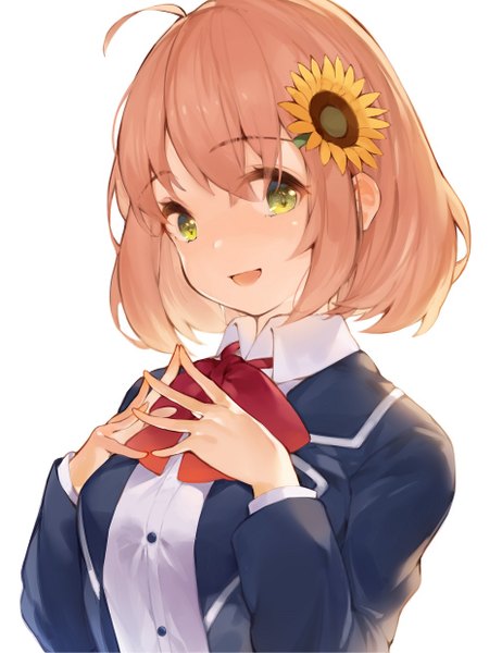 Anime picture 954x1240 with virtual youtuber nijisanji honma himawari hana mori single tall image looking at viewer short hair open mouth simple background white background green eyes upper body ahoge :d orange hair fingers together girl uniform flower (flowers)