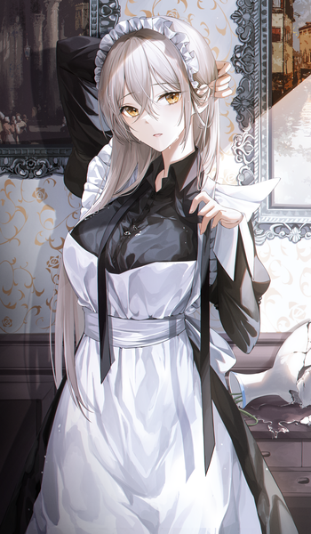 Anime picture 3000x5149 with original kuro (rudyan0128) single long hair tall image looking at viewer fringe highres breasts open mouth blonde hair hair between eyes large breasts standing yellow eyes indoors long sleeves arm up maid wet