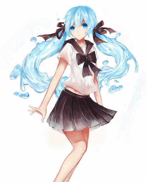Anime picture 1850x2300 with vocaloid hatsune miku bottle miku seitai (mossqingtai) single long hair tall image looking at viewer fringe highres open mouth blue eyes simple background hair between eyes white background twintails blue hair pleated skirt short sleeves midriff