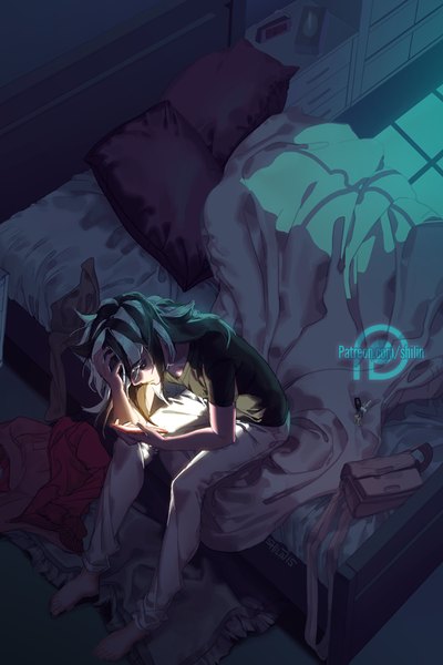 Anime picture 600x900 with original shilin single long hair tall image sitting holding blue hair indoors barefoot from above shadow no shoes girl pillow bed bag mobile phone key