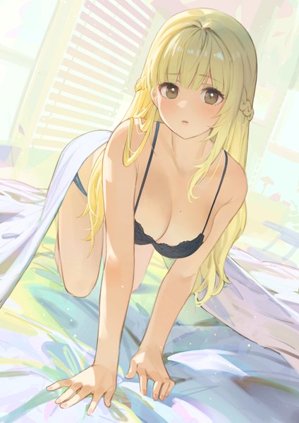 Anime picture 2894x4093 with original ddal single long hair tall image looking at viewer fringe highres breasts light erotic blonde hair large breasts bare shoulders brown eyes cleavage full body indoors blunt bangs braid (braids) parted lips