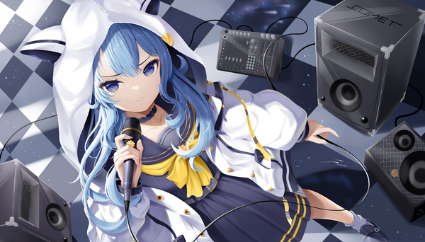 Anime picture 9185x5231 with virtual youtuber hololive hoshimachi suisei hoshimachi suisei (school uniform) roina single long hair looking at viewer fringe highres blue eyes smile hair between eyes wide image standing holding blue hair absurdres pleated skirt from above