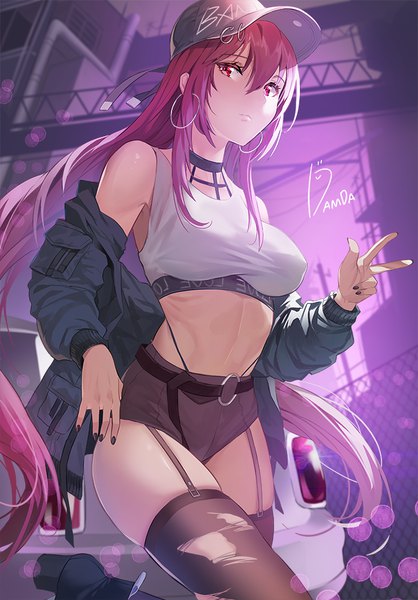 Anime picture 697x1000 with fate (series) fate/grand order scathach (fate) (all) scathach (fate) damda single long hair tall image looking at viewer fringe light erotic hair between eyes red eyes standing signed payot purple hair nail polish fingernails off shoulder