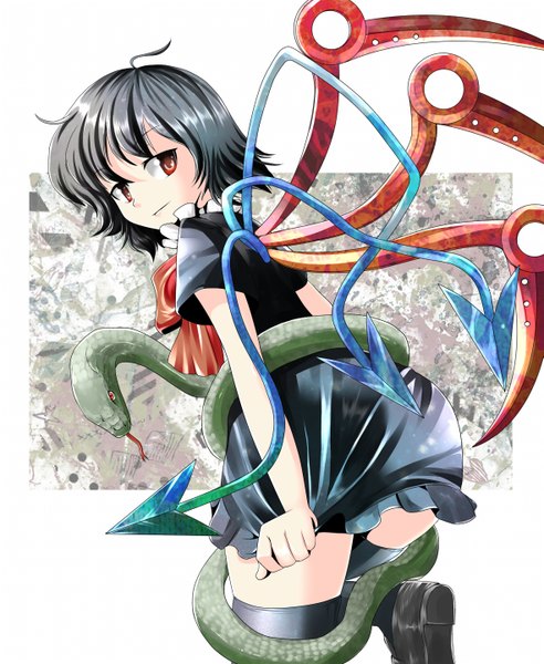 Anime picture 1181x1440 with touhou houjuu nue excel (shena) single tall image short hair black hair red eyes girl thighhighs black thighhighs wings snake