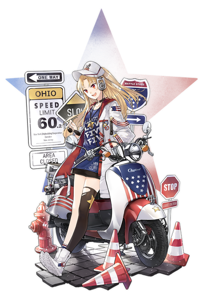 Anime-Bild 963x1402 mit azur lane cleveland (azur lane) cleveland (road trip!) (azur lane) hao (patinnko) single long hair tall image open mouth blonde hair smile red eyes standing holding looking away long sleeves head tilt :d wind open jacket official art