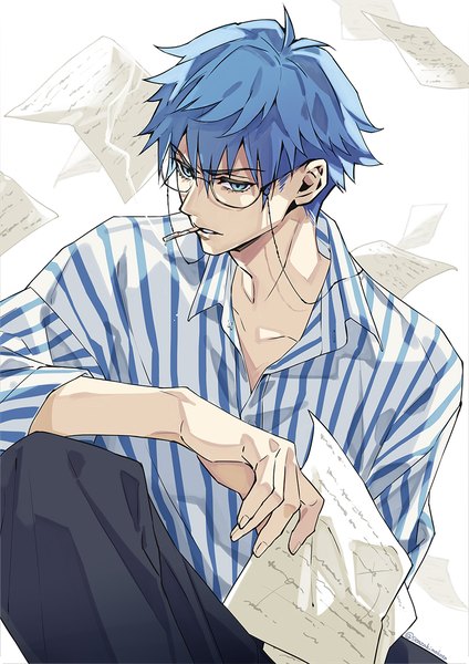 Anime picture 900x1273 with fate (series) fate/grand order hans christian andersen (fate) hans christian andersen (adult) (fate) senzaki makoto single tall image fringe short hair blue eyes hair between eyes white background sitting signed blue hair looking away twitter username open collar smoking boy