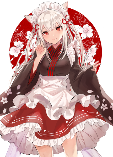 Anime picture 718x1000 with original yuzuki karu single long hair tall image looking at viewer blush fringe hair between eyes red eyes standing animal ears white hair cat ears wide sleeves floral print victory :3 claw pose girl