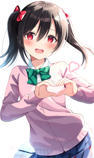 Anime picture 836x1396 with love live! school idol project sunrise (studio) love live! yazawa nico nonono (nononotea) single long hair tall image looking at viewer blush fringe open mouth black hair simple background hair between eyes red eyes white background twintails :d heart hands
