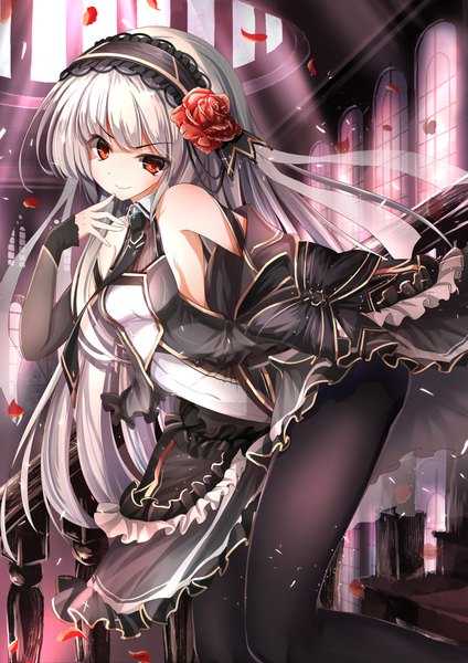 Anime picture 1250x1770 with original haguruma (hagurumali) single long hair tall image looking at viewer breasts light erotic smile red eyes bare shoulders looking away silver hair bent knee (knees) indoors blunt bangs traditional clothes japanese clothes off shoulder leaning