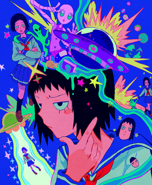 Anime picture 1400x1699 with mob psycho 100 studio bones kurata tome 12anchovy tall image short hair black hair black eyes blue background crossed arms multiview blush stickers girl uniform serafuku star (symbol) ufo alien
