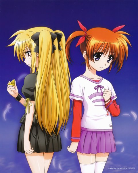 Anime picture 3167x3962 with mahou shoujo lyrical nanoha fate testarossa takamachi nanoha long hair tall image highres blonde hair red eyes twintails purple eyes multiple girls absurdres orange hair short twintails blue background girl 2 girls