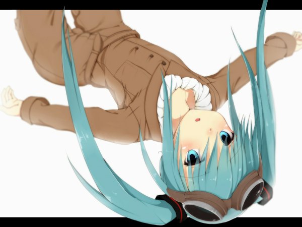 Anime picture 1500x1125 with vocaloid hatsune miku ratsuku kinoko single long hair looking at viewer blush open mouth simple background white background twintails aqua eyes aqua hair girl jacket goggles