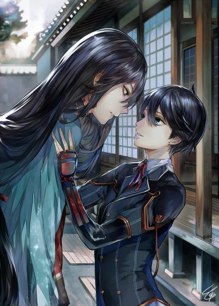 Anime picture 1000x1399 with touken ranbu nitroplus izuminokami kanesada horikawa kunihiro tcb (pixiv) long hair tall image short hair blue eyes black hair standing outdoors traditional clothes parted lips japanese clothes light smile lips sunlight multiple boys leaning