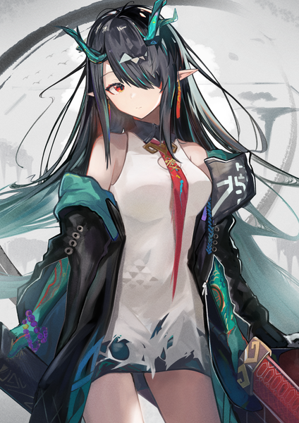 Anime picture 1240x1754 with arknights dusk (arknights) nokke o single long hair tall image fringe black hair red eyes looking away horn (horns) pointy ears hair over one eye dragon girl girl dress weapon earrings sword white dress