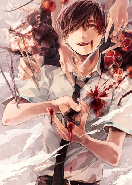 Anime picture 2122x2975 with original masuoka tall image highres short hair open mouth smile brown hair grey eyes smoke suicide boy necktie insect blood fruit knife hands chopsticks puzzle