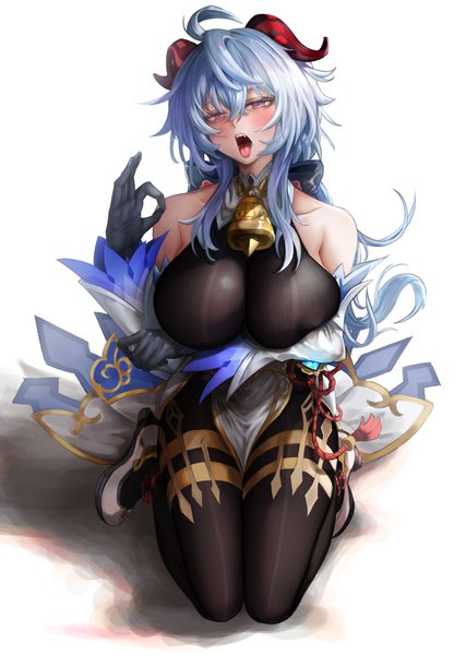 Anime picture 3092x4464 with genshin impact ganyu (genshin impact) nompang single long hair tall image looking at viewer blush fringe highres breasts open mouth light erotic hair between eyes red eyes large breasts bare shoulders blue hair absurdres full body