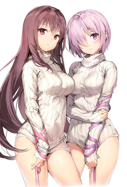 Anime picture 1392x2048 with fate (series) fate/grand order mash kyrielight scathach (fate) (all) scathach (fate) anmi long hair tall image looking at viewer blush fringe short hair breasts light erotic simple background hair between eyes red eyes brown hair standing white background