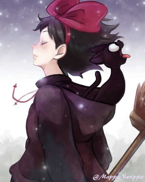 Anime picture 952x1200 with kiki's delivery service studio ghibli kiki jiji pecolondon tall image fringe short hair open mouth black hair sitting eyes closed profile snowing winter girl dress bow hair bow animal