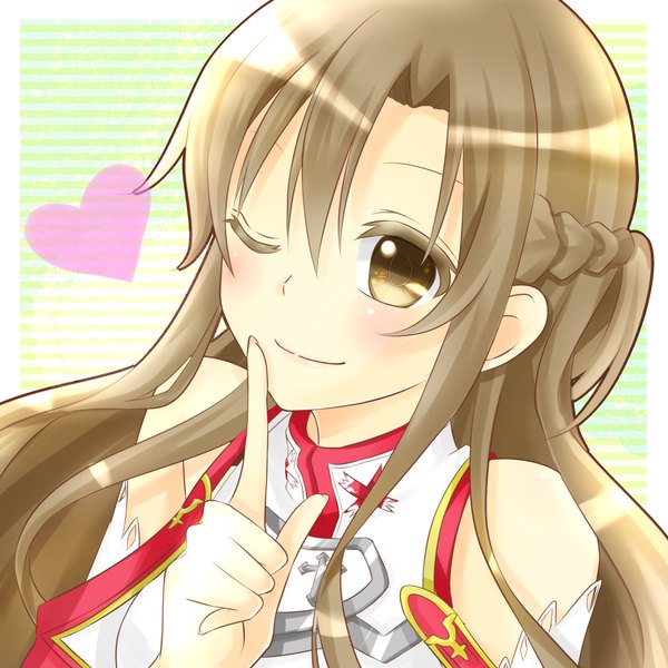 Anime picture 1500x1500 with sword art online a-1 pictures yuuki asuna aoi (kiyokiyoaomushi) single long hair smile brown hair bare shoulders brown eyes one eye closed wink girl heart