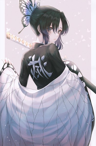 Anime picture 786x1200 with kimetsu no yaiba ufotable kochou shinobu jwk single tall image looking at viewer blush fringe short hair black hair simple background hair between eyes standing holding payot traditional clothes japanese clothes looking back from behind