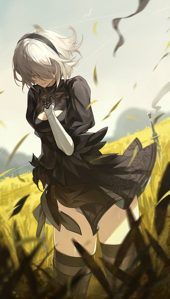 Anime picture 1000x1750 with nier nier:automata yorha no. 2 type b goomrrat single tall image fringe short hair light erotic standing silver hair outdoors parted lips mole dutch angle puffy sleeves mole under mouth hair over eyes field girl