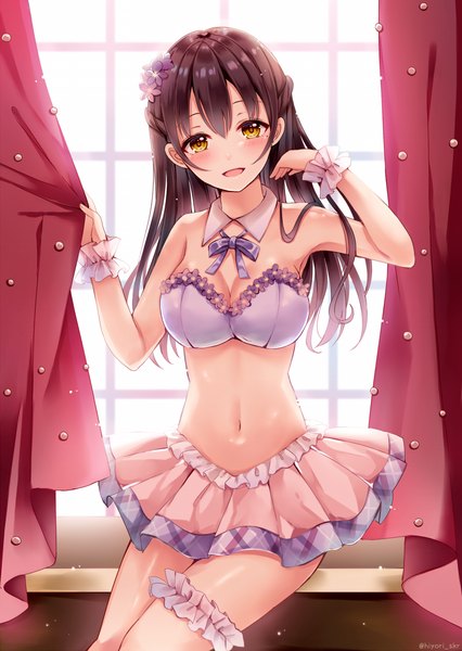 Anime picture 773x1088 with original sakura hiyori single long hair tall image looking at viewer blush fringe breasts open mouth light erotic smile hair between eyes brown hair standing bare shoulders holding signed yellow eyes payot
