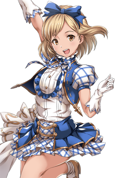 Anime picture 800x1131 with granblue fantasy gita (granblue fantasy) sakiyamama single tall image looking at viewer blush fringe short hair open mouth simple background blonde hair smile standing white background brown eyes :d arm up teeth puffy sleeves